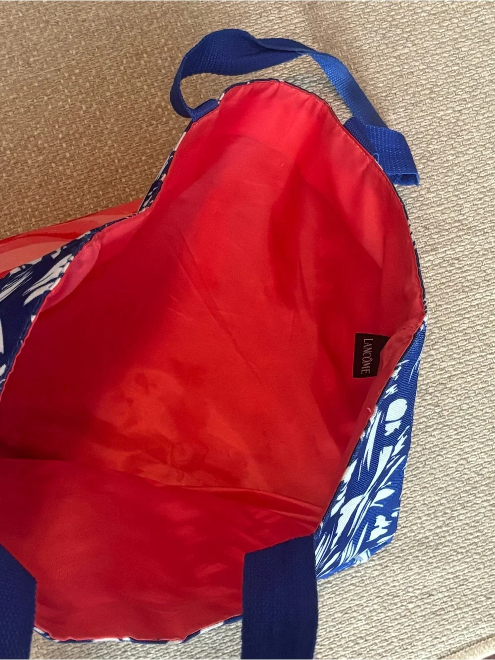 Lancôme Paris Canvas Tote Bag – Blue & White Abstract with Coral Rose Graphic